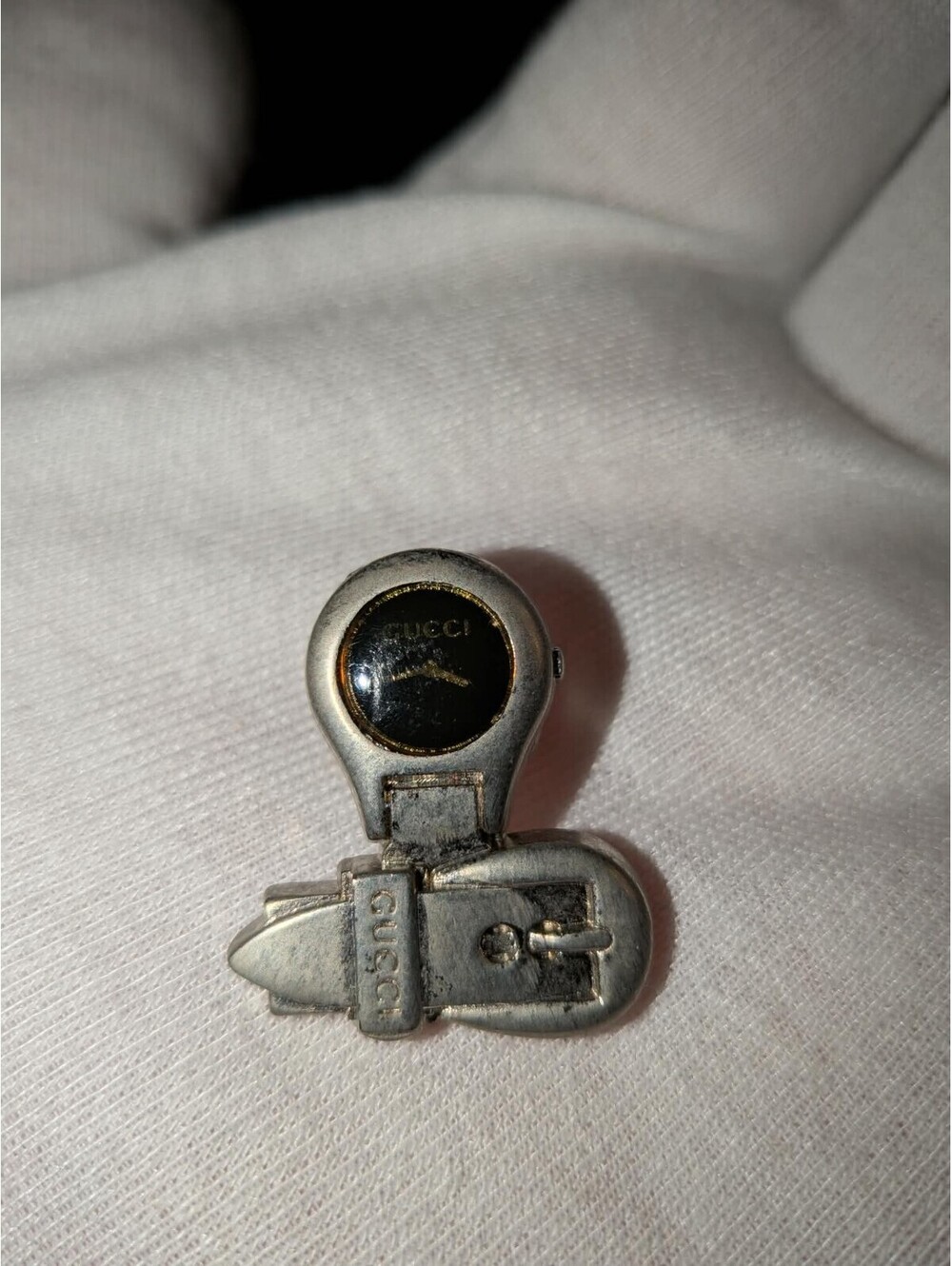 Vintage GUCCI Silver Tone & Black Enamel 6700L Watch Face & Belt Lapel Pin
